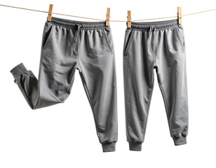 Side View of Hanging Joggers with Wrinkled Fabric and Drop Shadow, Transparent Background