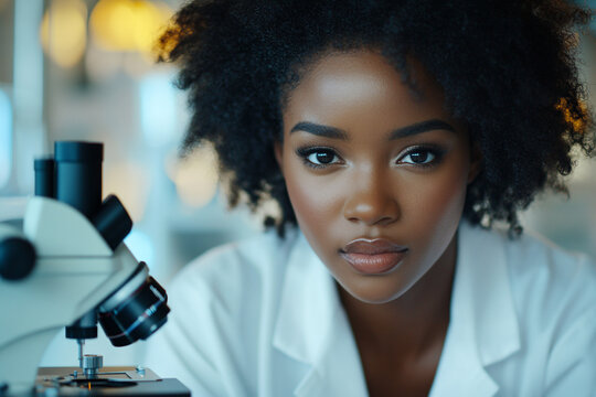 Medical Science Laboratory: Portrait of Beautiful Black Scientist Looking Under Microscope Does Analysis of Test Sample. Ambitious Young Biotechnology Specialist, 