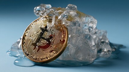 Bitcoin Coin Partially Covered with Melting Ice on Blue Surface