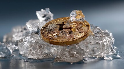 Bitcoin Coin Partially Covered With Melting Ice in a Cold Environment