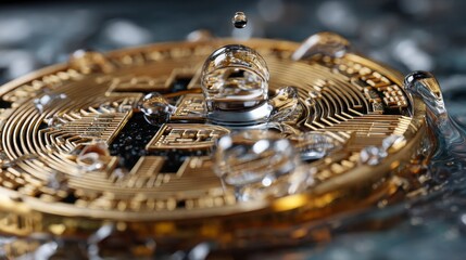 Close-Up of Water Droplets on Bitcoin Coin Surface