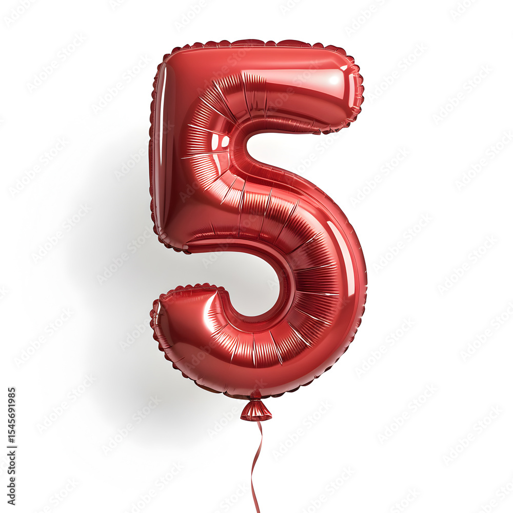 Fototapete a balloon shaped like the number 5,glossy red metallic finish with realistic reflections and smooth 