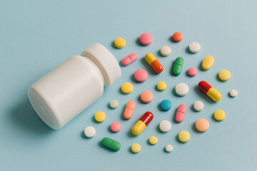 Colorful assortment of various pills and capsules spilling from a white bottle on blue surface