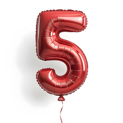 A balloon shaped like the number 5,glossy red metallic finish with realistic reflections and smooth texture.