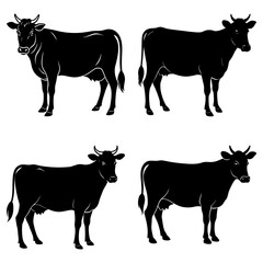 Silhouette illustration showing four black cows standing in different positions on a white background