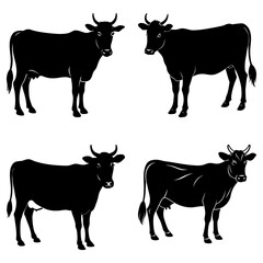 Silhouette illustration of four cows standing in different positions on a white background
