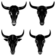 Four stylized black bull skulls with prominent horns arranged in a square pattern on white background