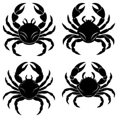 Illustration of four black crab silhouettes with detailed legs and claws on white background