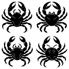 Four crab silhouettes arranged in a square pattern with detailed claws and segmented legs on a white background