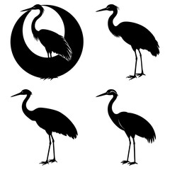 Silhouette illustration of four herons, one inside a crescent moon shape, in black and white design