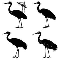 Silhouette illustration featuring four herons and a construction crane in black and white style