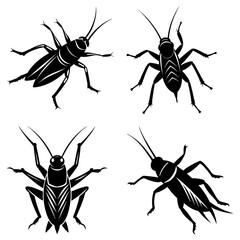 Four stylized black and white cricket illustrations in various poses on a white background design art