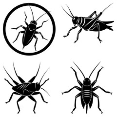 Illustration of four different black and white silhouette style cricket insect designs on a white background