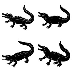 Four black alligator silhouettes with open mouths and curved tails on a white background design