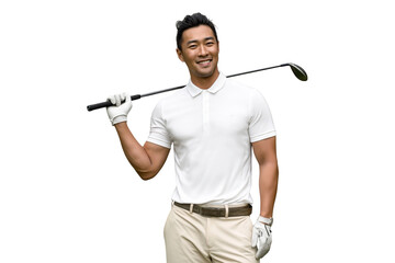 Portrait of happy adult asian golfer posing with a golf club wearing white glove