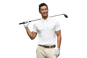 Portrait of happy adult asian golfer posing with a golf club wearing white glove