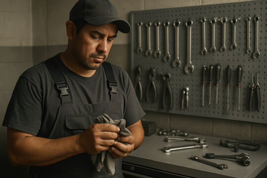 Focused mechanic cleaning tools in workshop, surrounded by organized wrenches and equipment