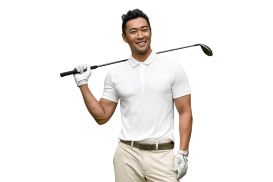 Portrait of happy adult asian golfer posing with a golf club wearing white glove