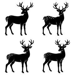 Naklejka premium Four black silhouette deer with antlers standing in various poses on a white background illustration