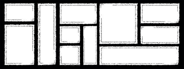 White grungy brush and frame  on black background. Grunge torn square highlights, overlays collection. grungy brush strokes. Grunge border dialog text box. eps 10