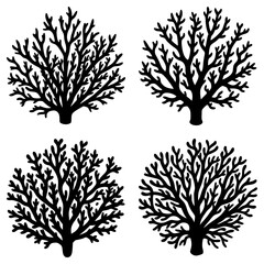 Four stylized trees in black and white with intricate branch patterns and rounded canopies design element