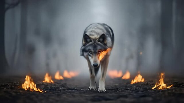 Grey wolf crossing fire-lined path at night