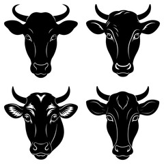 Four black and white cow heads with horns facing forward in a symmetrical arrangement on white background