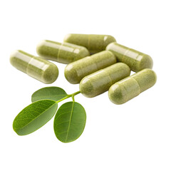Finely organic dried Moringa leave powder in capsule with green leave isolated on a transparent background