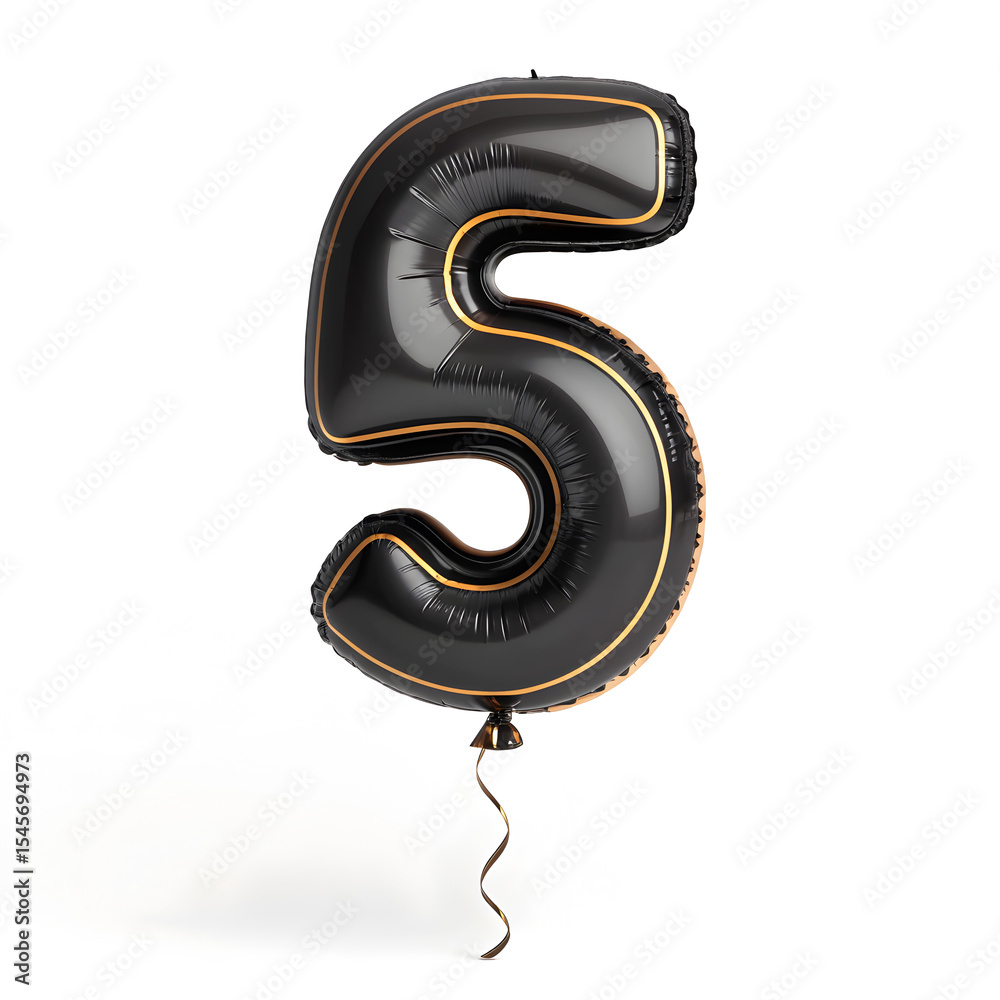 Fototapete a balloon shaped like the number 5,matte black metallic finish with realistic reflections and smooth
