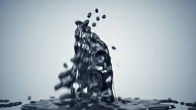 Erupting liquid fountain suspended mid-air against a soft white backdrop