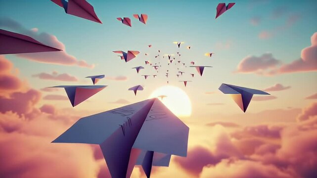Many paper airplanes fly towards a sunset sky amongst pink clouds