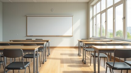Fototapeta premium Desks aligned in a well-lit classroom with large windows, prepared for a new school year with a welcoming atmosphere