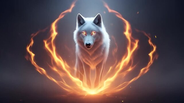 Ethereal white wolf surrounded by swirling fire embers
