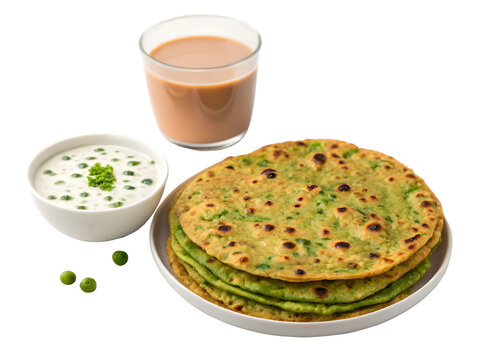 Green Peas paratha or flatbread or matar parathas with curd and hot tea isolated on a transparent background