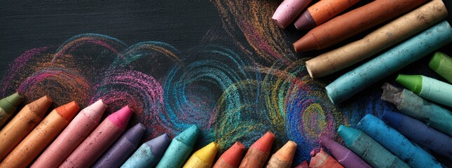 Vibrant crayons arranged on a dark surface alongside swirling chalk drawings