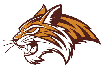 Intense wildcat roars showing pointy teeth and sharp whiskers over the white background