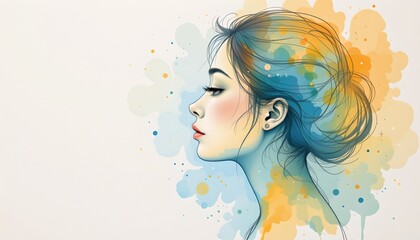 breathing practice guide, profile of calm woman exhaling slowly, nervous system regulation and presence theme, hand drawn watercolor, zoom in side profile with light background wash