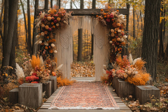 Fall wedding arch adorned with foliage and flowers.