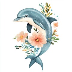 Adorable watercolor dolphin and floral, sea theme illustration, clipart style