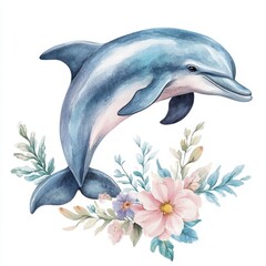 Adorable watercolor dolphin and floral, sea theme illustration, clipart style