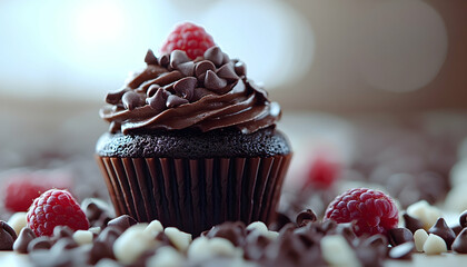Chocolate cupcake with raspberry and chocolate chips