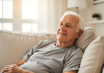 Elderly man resting on sofa using a nasal dilator for improving breathing and sleep quality