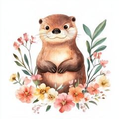 Adorable watercolor otter and floral, tropical theme illustration, clipart style
