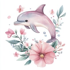 Adorable watercolor dolphin and floral, sea theme illustration, clipart style