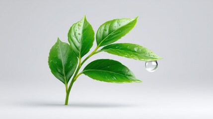 An Enchanting Leaf Tip Adorned with Reflective Water Drops Captured in a Surreal Digital Art Style