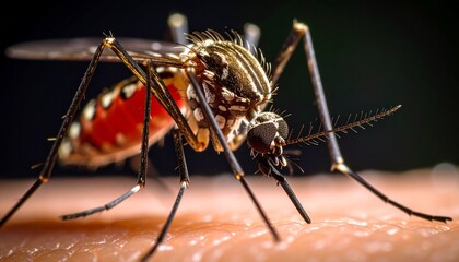 A close-up of a Culicoides paraenses mosquito with impressive details of its anatomy. Intricately patterned oropouche fever mosquito
