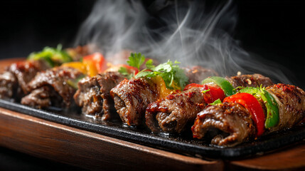 Close up of steaming beef kebabs with peppers and herbs on a dark background