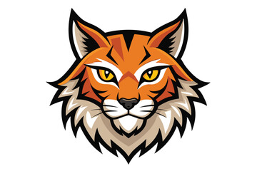 Orange bobcat head fiercely displays golden eyes, its white mane boldly framing its features