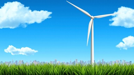 Wind Turbine in Grassy Field Overlooking City