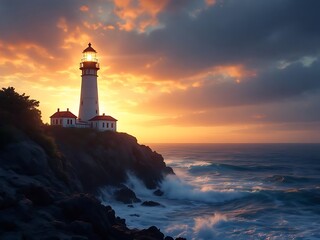 Naklejka premium Lighthouse shines its beam across calm ocean waves under a golden sunset sky. Ideal for travel promotions, maritime safety campaigns, and coastal landscape visuals